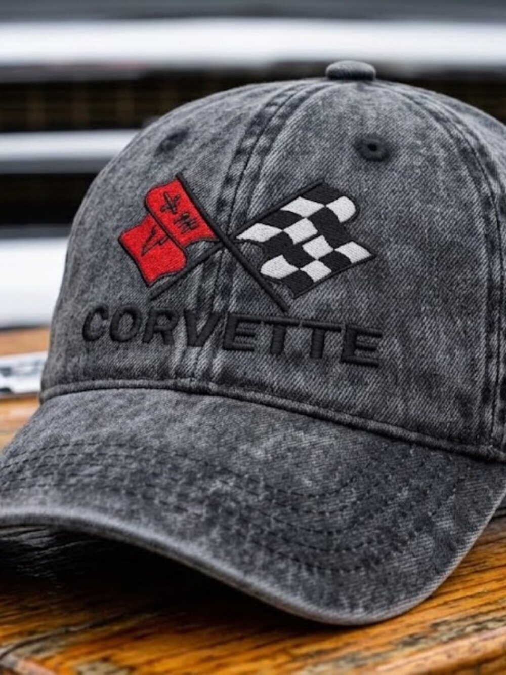 Vintage C3 Corvette Crossed Flags Washed Black Denim Dad Hat Baseball Cap 70s